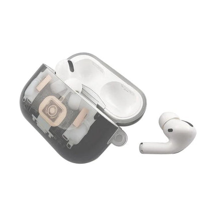 Protective Case for AirPods Pro in Daily Commutes and Activities showing transparent mechanical-style shell protecting AirPods during commute