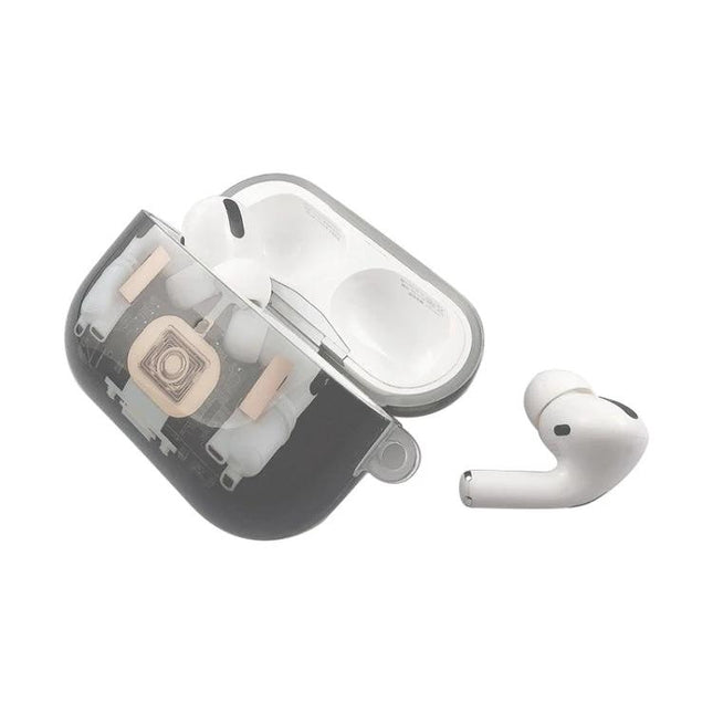 Protective Case for AirPods Pro in Daily Commutes and Activities - transparent cyber-style mechanical protective case showing inside, keeps AirPods Pro secure