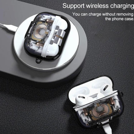 Protective Case for AirPods Pro in Daily Commutes and Activities showing transparent mechanical design on wireless charger