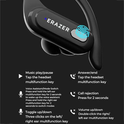 Lenovo Sports Earphones With Ear Hook Fit For Running showing black ear-hook earbud with LED display and multifunction controls