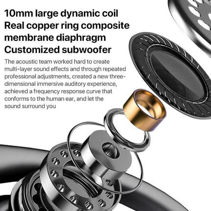 Lenovo Sports Earphones With Ear Hook Fit For Running shown with exploded view of 10mm dynamic coil and subwoofer parts