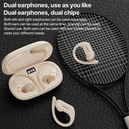 Lenovo Sports Earphones With Ear Hook Fit For Running beige ear-hook Bluetooth earphones with charging case and LED display on racket