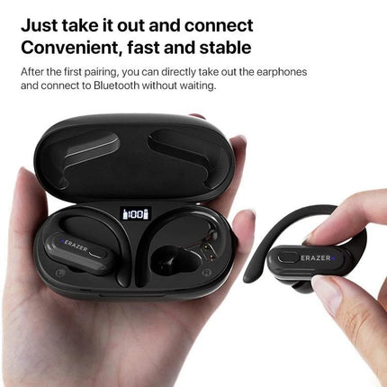 Lenovo Sports Earphones With Ear Hook Fit For Running shown with open charging case LED display and one earhook earbud