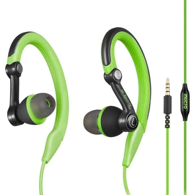 Mucro Wired In Ear Sport Earhook Headphones For Running And Gym Use - green earhook earbuds with mic
