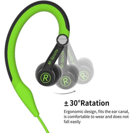Mucro Wired In Ear Sport Earhook Headphones For Running And Gym Use green adjustable earhook with 30° rotation, inline mic