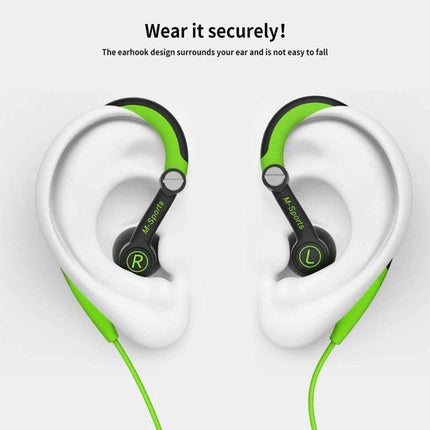 Mucro Wired In Ear Sport Earhook Headphones For Running And Gym Use showing green earhook design with secure fit in ears