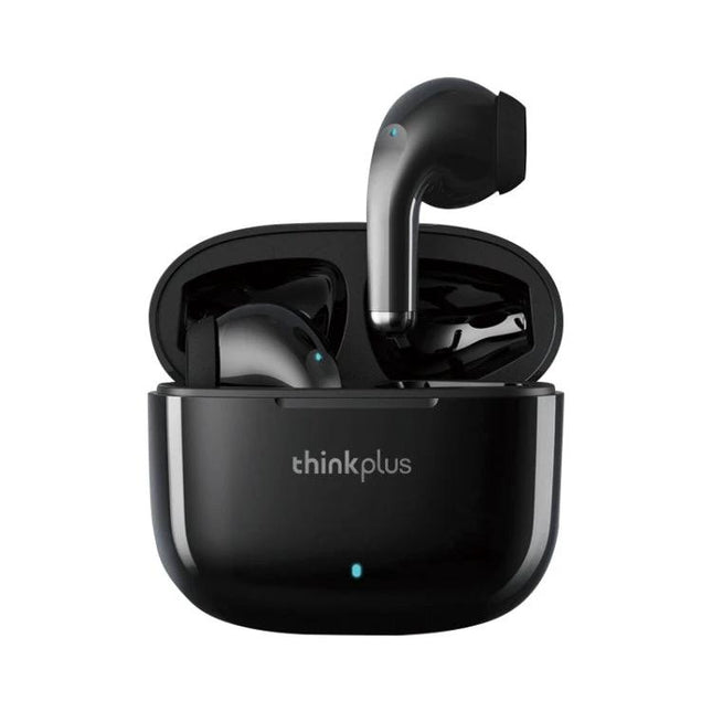 Lenovo Wireless Earphones For Daily Commute Use Comfort Fit sleek black LP40 Pro earbuds in open charging case, Bluetooth 5.1, IPX4