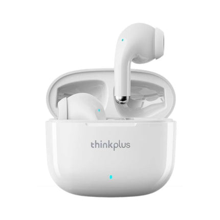 Lenovo Wireless Earphones For Daily Commute Use Comfort Fit white semi-in-ear buds with charging case, Bluetooth 5.1, IPX4, 13mm audio