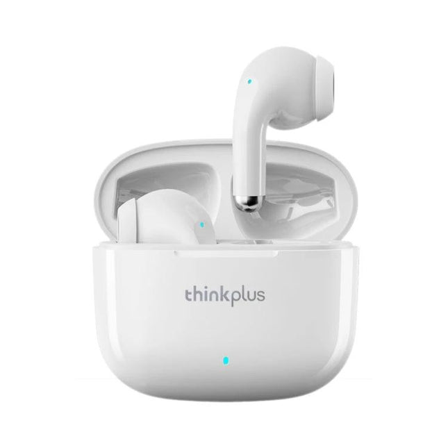 Lenovo Wireless Earphones For Daily Commute Use Comfort Fit white semi-in-ear buds with charging case, Bluetooth 5.1, IPX4, 13mm audio