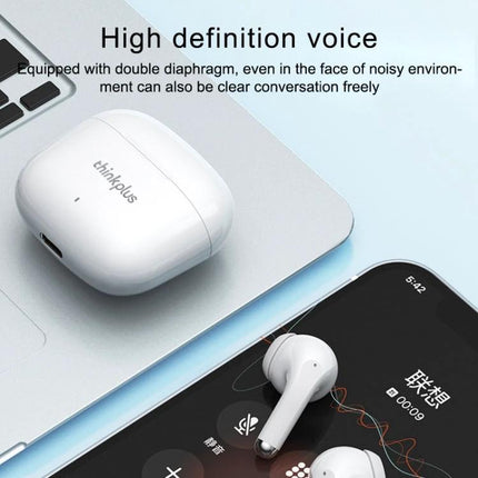 Lenovo Wireless Earphones For Daily Commute Use Comfort Fit white earbuds and charging case beside laptop and phone