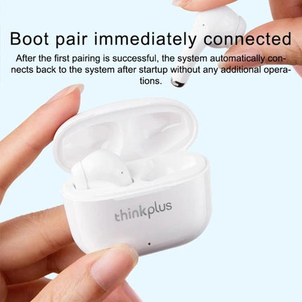 Lenovo Wireless Earphones For Daily Commute Use Comfort Fit white semi-in-ear buds in open charging case held by hand