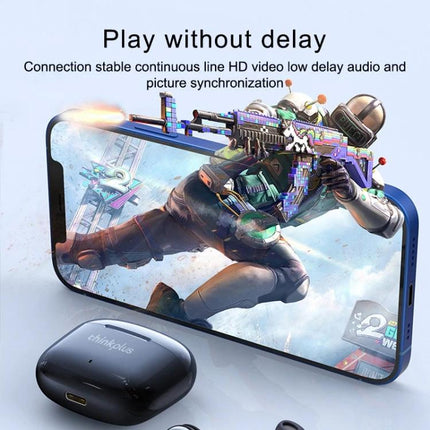 Lenovo Wireless Earphones For Daily Commute Use Comfort Fit black buds with charging case beside smartphone gaming scene
