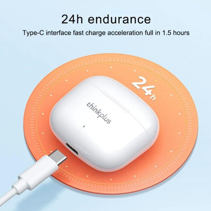 Lenovo Wireless Earphones For Daily Commute Use Comfort Fit white charging case with Type-C cable showing 24h endurance