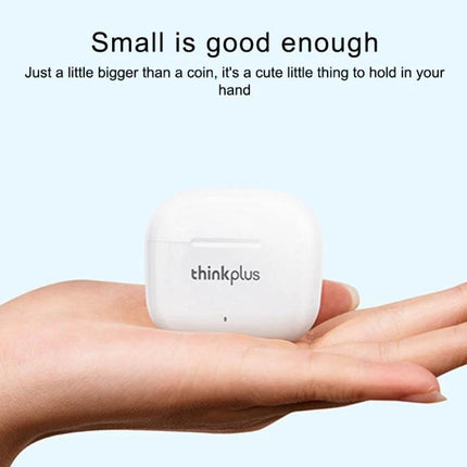 Lenovo Wireless Earphones For Daily Commute Use Comfort Fit compact white charging case held in hand showing small size