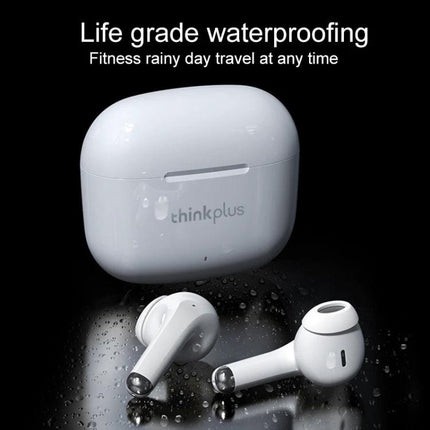 Lenovo Wireless Earphones For Daily Commute Use Comfort Fit white IPX4 waterproof buds with charging case on wet surface