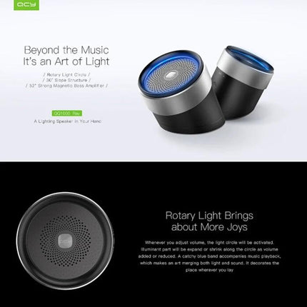 QCY Mini Bluetooth Speaker For Portable Home And Travel compact cylinder speaker with rotary blue light for home and travel