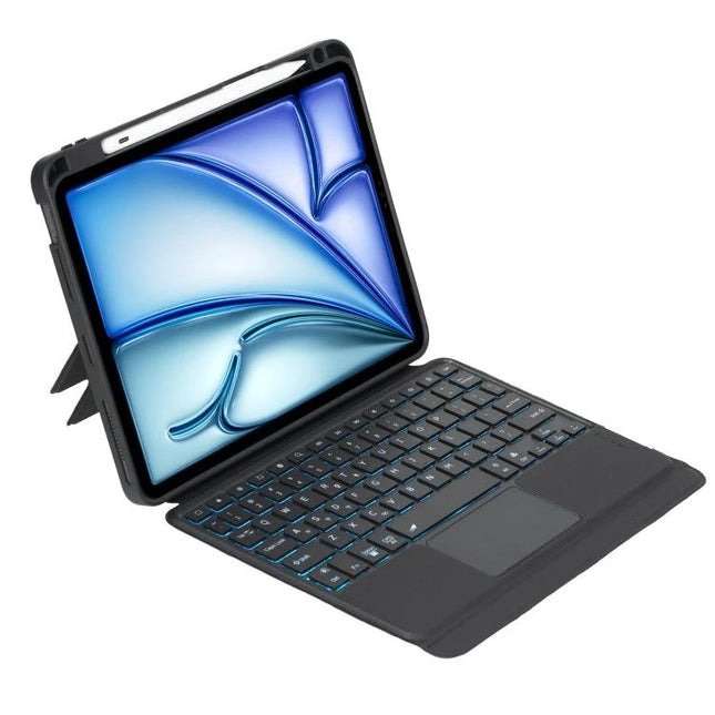 Rotating Backlit Bluetooth Keyboard Case for iPad Air 11-inch 2024 and Pro 11 shown in black with backlit keys and protective rotating stand