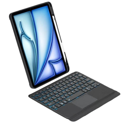 Rotating Backlit Bluetooth Keyboard Case for iPad Air 11-inch 2024 and Pro 11 shown open with backlit keys and protective folio for tablet typing and trackpad