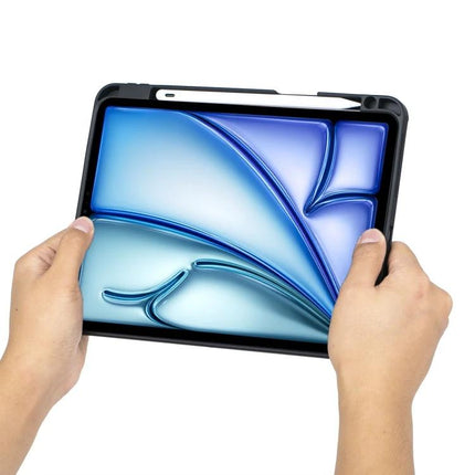 Rotating Backlit Bluetooth Keyboard Case for iPad Air 11-inch 2024 and Pro 11 shown held with Apple Pencil in top slot
