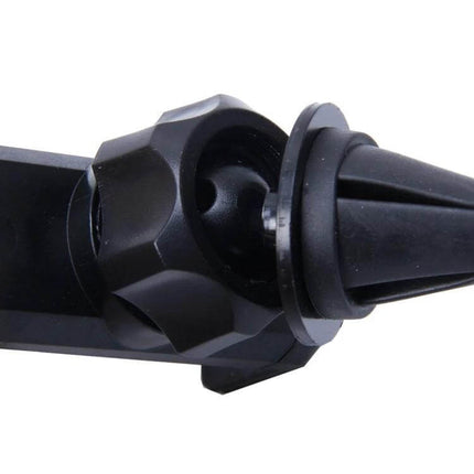 Universal Car Vent Mount Holder for Smartphones and Devices showing close-up vent clip and 360-degree swivel joint, black durable plastic design