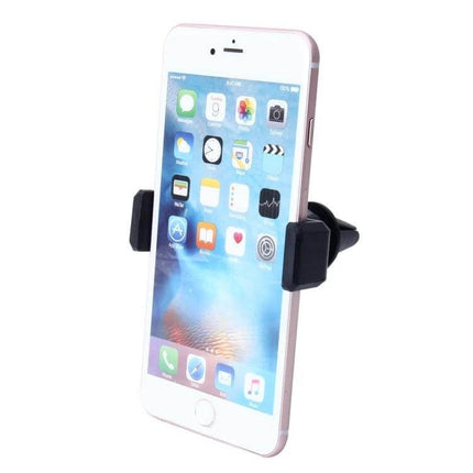 Universal Car Vent Mount Holder for Smartphones and Devices showing 360-degree rotation and secure grip holding a smartphone on a car air vent