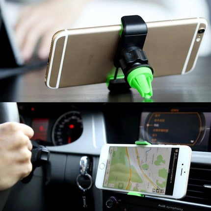 Universal Car Vent Mount Holder for Smartphones and Devices showing phone mounted on car air vent with 360-degree rotation and GPS navigation