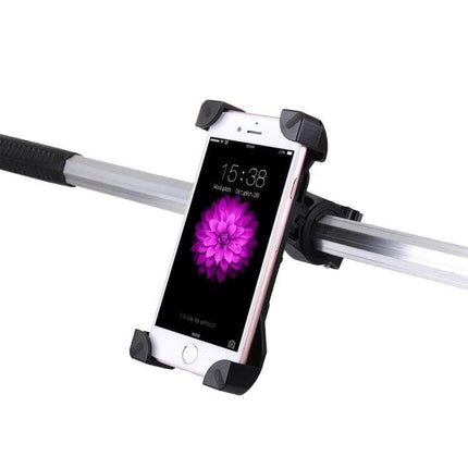 360 Degree Rotating Bicycle Phone Holder On Bike Handlebar mounted on handlebar showing phone in secure 4-corner clamp with 360-degree rotation