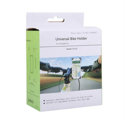 360 Degree Rotating Bicycle Phone Holder On Bike Handlebar packaged universal bike holder box showing mounted phone on handlebars