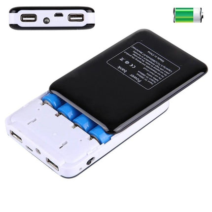 Compact Battery Case for Home and On-the-Go Needs showing organized AA and AAA batteries in a portable black and white power bank style holder