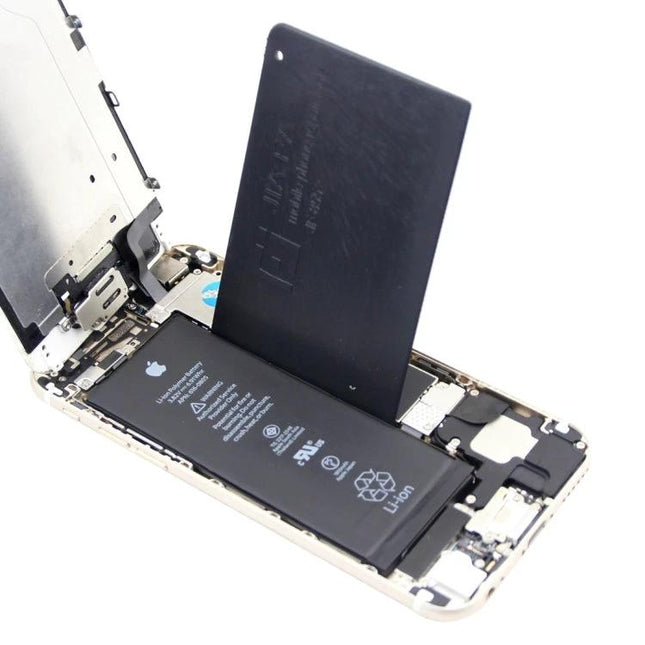 Crowbar Opening Prying Tool for Smartphone Battery Repairs shown inserted to lift and remove an iPhone battery during repair