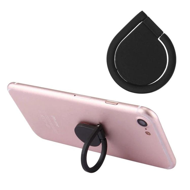 Stylish Drops of Water Ring Stand for Hands-Free Smartphone Use black ring mounted on rose gold phone, propping phone for video and calls