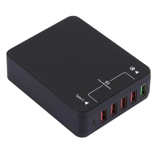 Multi-Port USB Charger for Everyday Home Device Use - black 6-port USB charging hub with Type-C and USB-A ports to power phones and tablets