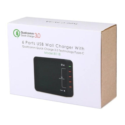 Multi-Port USB Charger for Everyday Home Device Use shown in retail box, 6-port USB wall charger with Quick Charge 3.0