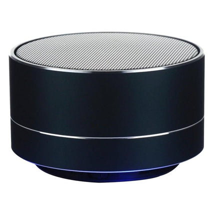 Compact Bluetooth Speaker With Hands Free Calling And LED Light shown compact black portable speaker with LED glow