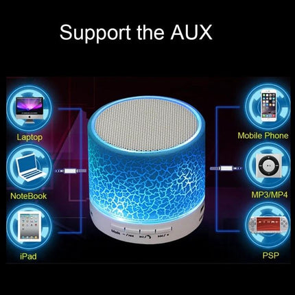 Compact Bedside Speaker With Ambient Night Light For Hands Free Calls glowing blue on table