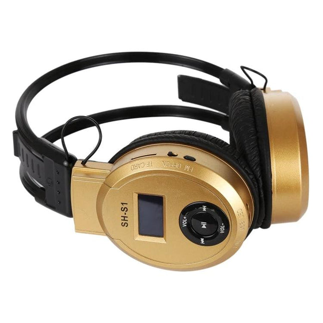 Wireless Headphones With Wired Backup For Commuting And Gym Use gold foldable Bluetooth headset with aux microSD FM controls