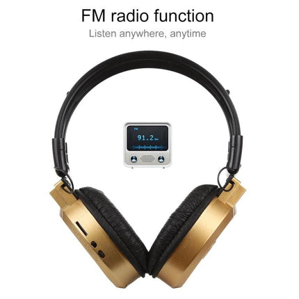 Wireless Headphones With Wired Backup For Commuting And Gym Use showing gold foldable design with FM radio and microSD playback