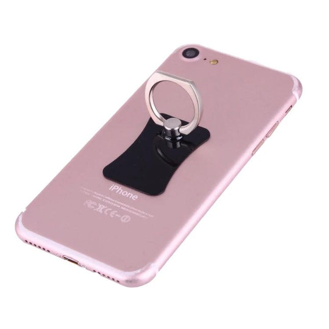 Universal 360 Degree Rotatable Ring Holder for Smartphones and Tablets mounted on rose gold iPhone showing 360° rotation and 180° swivel for secure grip