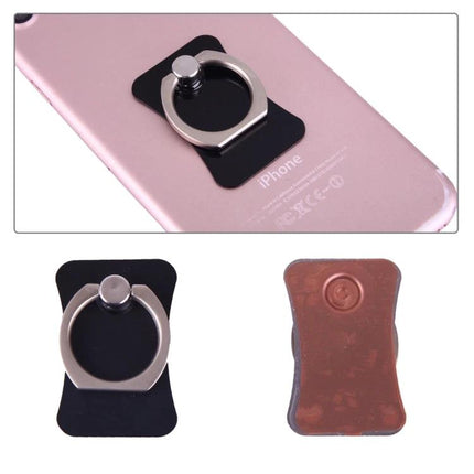 Universal 360 Degree Rotatable Ring Holder for Smartphones and Tablets on rose gold iPhone, black base and silver ring for secure grip and 360° rotation