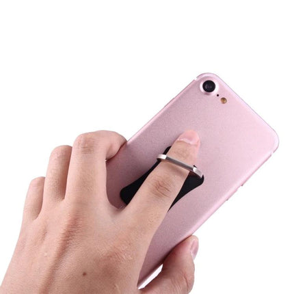Universal 360 Degree Rotatable Ring Holder for Smartphones and Tablets attached to pink phone, finger in ring for secure grip and hands-free viewing