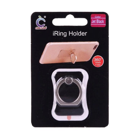 Universal 360 Degree Rotatable Ring Holder for Smartphones and Tablets – jet black ring holder on card, 360° rotation for secure grip and hands-free viewing