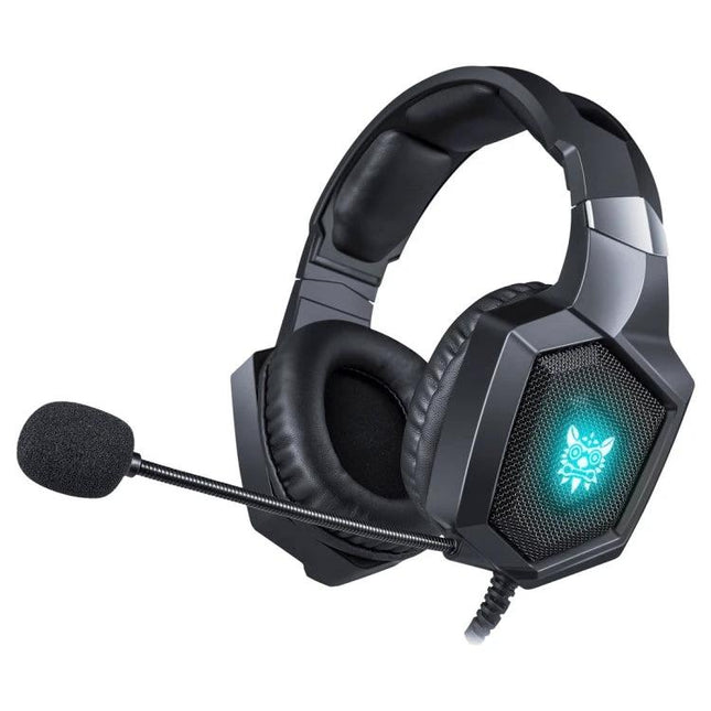 Onikuma K8 Over-Ear Gaming Headphones with Microphone and LED Lights - Black headset with 50mm drivers, cushioned earcups and flexible mic