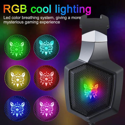 Onikuma Gaming Headphones With Mic And LED Lighting showing RGB earcup lighting, 50mm drivers, omni mic and inline controls