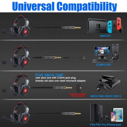 Onikuma Gaming Headphones With Mic And LED Lighting showing universal compatibility with PC, Switch, Xbox, PS4 and mobile