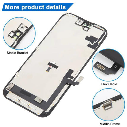 Replacement Screen for Everyday iPhone 16 Use showing front panel, flex cable, stable bracket and middle frame components