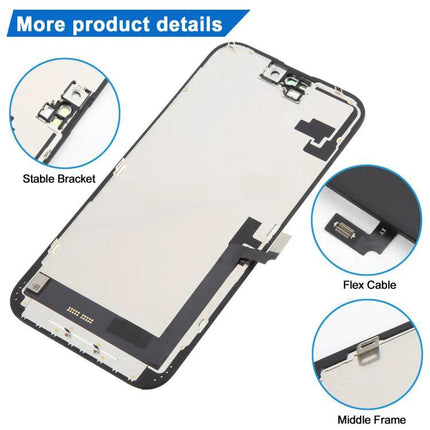iPhone 16 Plus Screen Replacement for Everyday Activities - LCD display and digitizer assembly showing flex cable, stable bracket, and middle frame