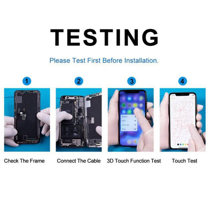 Essential Screen Replacement for Daily iPhone 16 Pro Max Use - step-by-step testing guide showing frame check, cable connection, 3D touch test, and touch test