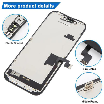 iPhone 16 Pro Replacement Screen for Daily Phone Use showing flex cable, stable bracket and middle frame components