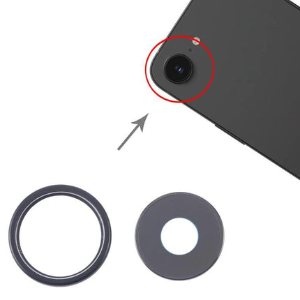 Replacement Camera Lens Cover for iPhone 16e Daily Upkeep - black replacement ring and glass shown next to iPhone camera for quick daily repair