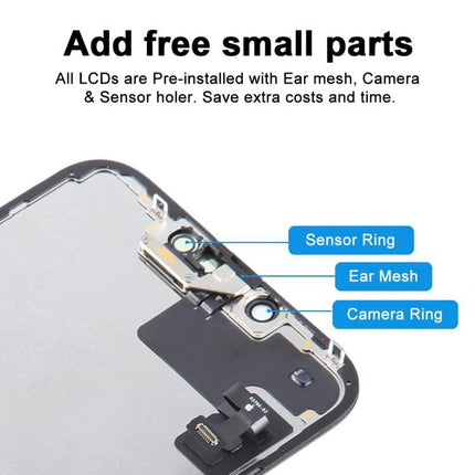 Essential iPhone 16e Screen Replacement for Everyday Connectivity showing preinstalled ear mesh, sensor ring and camera ring on replacement LCD